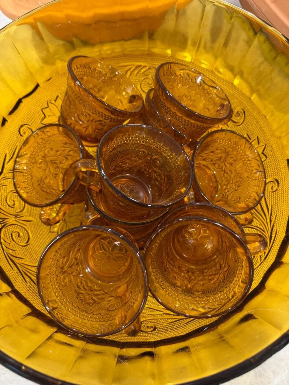 Indiana Glass Company Amber Punch Bowl With Glasses Tiara Sandwich Pattern